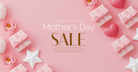 Mother's Day sale banner. A pink background with a pink heart and a pink box with a bow on it. The box is labeled "Mother's Day Sale"