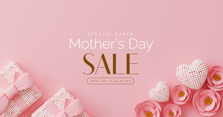 Mother's day sale banner. A pink background with a pink heart and a pink box with a pink bow