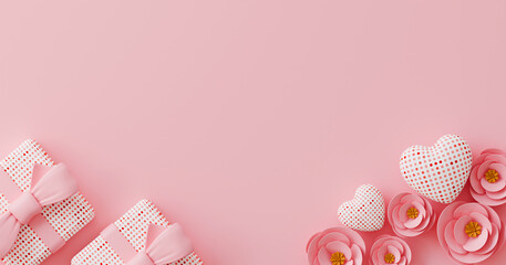 A pink background with a pink box and a pink flower. for design mother's day and valentine day. with copy space.
