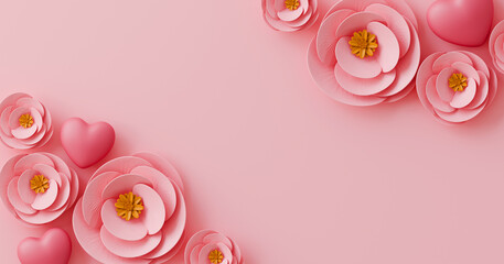 A pink background with flowers and hearts. for design Mother's day and valentine day. with space copy.