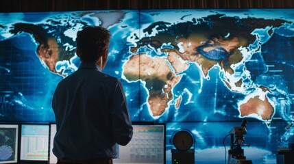 Standing in front of a large map of the world the meteorologist intently studies a series of intricate graphs and charts all related to weather patterns in different regions. With . - obrazy, fototapety, plakaty