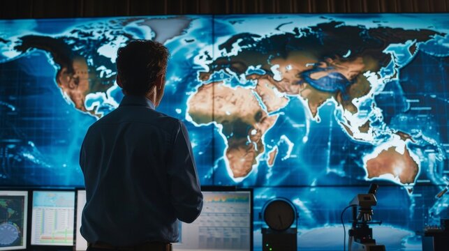 Standing in front of a large map of the world the meteorologist intently studies a series of intricate graphs and charts all related to weather patterns in different regions. With .