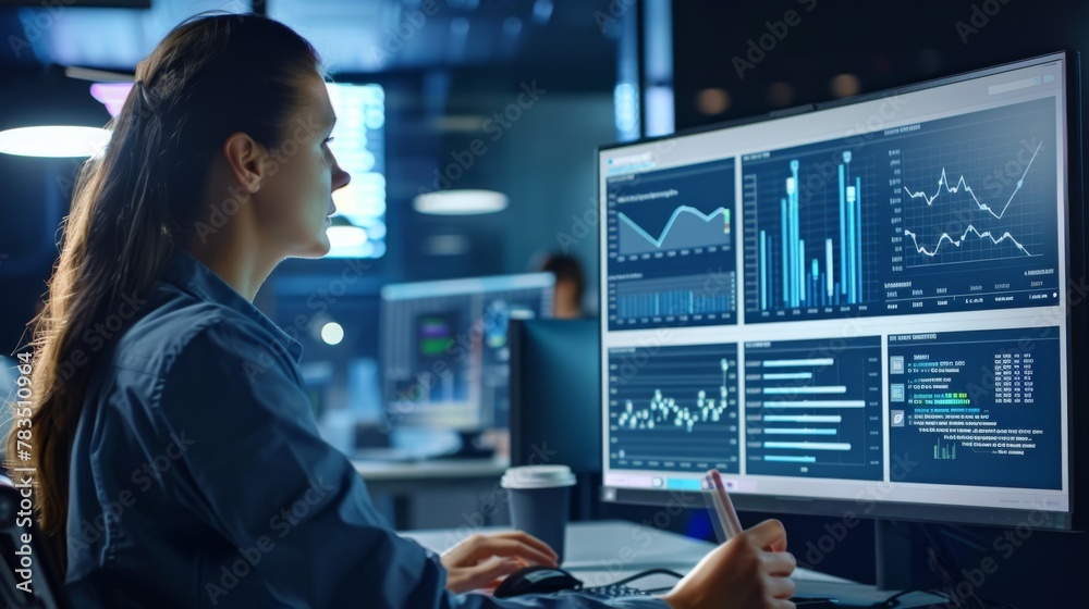 Fototapete An analyst uses a computer and dashboard for data business analysis and Data Management System with KPI and metrics connected to the database for technology finance, operations, sales, marketing