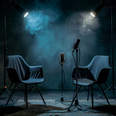 two chairs and microphones in podcast or interview room on dark background as a wide banner for...
