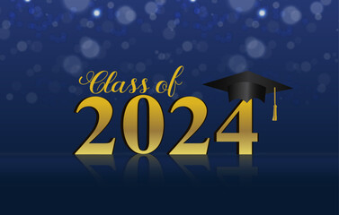 Class of 2024 concept.with a graduate hat on a blue background with