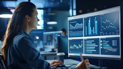 An analyst uses a computer and dashboard for data business analysis and Data Management System with KPI and metrics connected to the database for technology finance, operations, sales, marketing