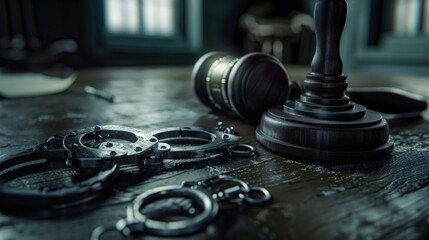 Arrest concept. Metal handcuffs near judge gavel. Law and justice concept - obrazy, fototapety, plakaty