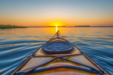 Kayaking towards a golden sunset, soft water reflections, clear horizon, eye-level, serene pursuit. - obrazy, fototapety, plakaty
