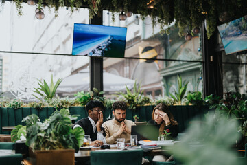 A focused group of multiethnic business associates discuss projects in a comfortable restaurant setting, surrounded by greenery.