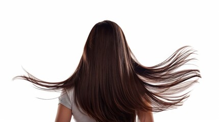 Back view of a brunette woman with a long straight hair. Young model with beautiful hair - isolated on white background. Young girl with hair flying in the wind.