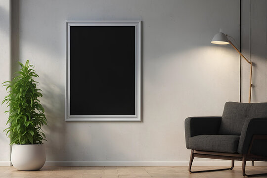 mockup frame. empty black mockup frame  hanging on the wall with Modern interior Room design. 3D render style. illustration generative ai