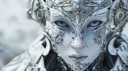humanoid android, covered in white porcelain skin, blue eyes, white wispy ghost wearing ornate armour 4k realistic fantasy, insane details, ghost phantom effect, High detailed,high resolution - obrazy, fototapety, plakaty