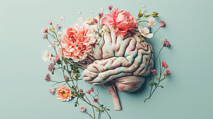 A human brain adorned with flowers