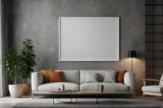 mockup frame. empty white mockup frame  hanging on the wall with Modern interior Room design. 3D render style. illustration generative ai