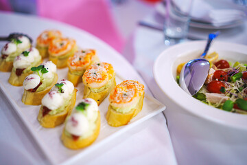 Assorted canapes for the festive table. Catering services for banquets. 
