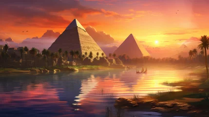 Foto op Canvas Landscape with ancient Egyptian pyramids, beautiful sky and sunset. The concept of ancient history. AI-generated. © Acronym