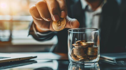businessman holding coins putting in glass. concept saving money for finance accounting to arrange coins into growing graphs concept. - obrazy, fototapety, plakaty