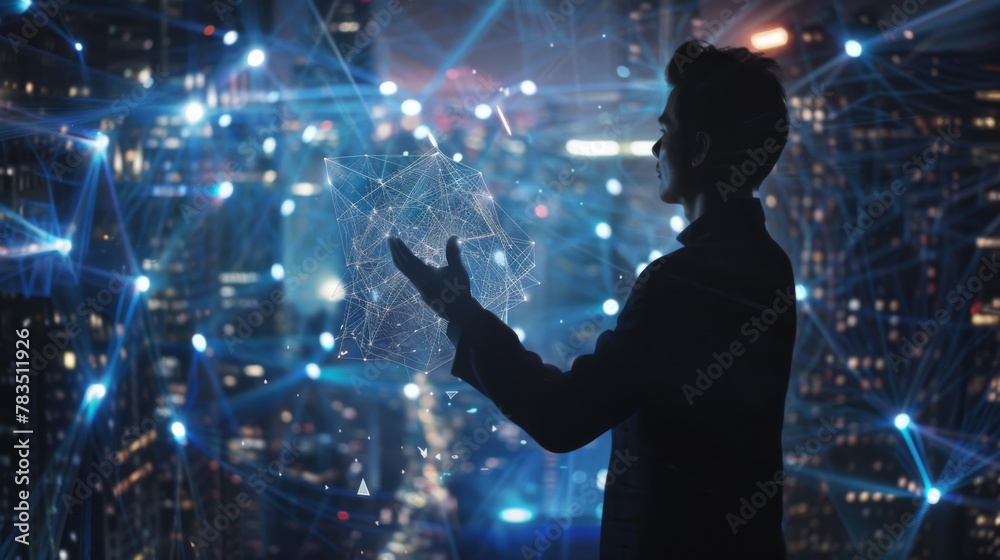Aufkleber Businessman touching global network and data exchanges, Innovation of future generation technology, Metaverse, AI. Transformation of Big data on Digital networking
