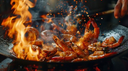 Chef cooking shrimps with mix vegetables on wok frying pan close-up. Prawns on fire throwing them on pan. Restaurant Food concept. Sea food.
