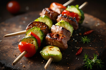 Grilled meat skewers with fresh vegetables and spices