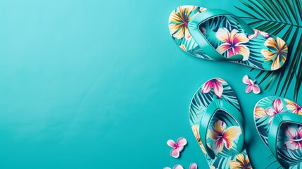 Blank mockup of flip flops with a tropical floral pattern on a bright turquoise background . - obrazy, fototapety, plakaty