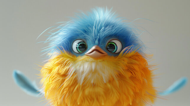 Realistic 3d render of a happy, furry and cute yellow and blue bird smiling with big eyes looking straight at you High detailed,high resolution,realistic and high quality photo professional photo