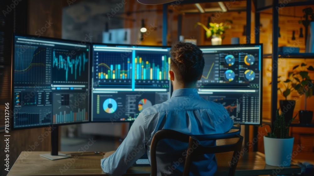 Poster Data analyst working on business analytics dashboard with charts, metrics and KPI to analyze performance and create insight reports for operations management on virtual screen.