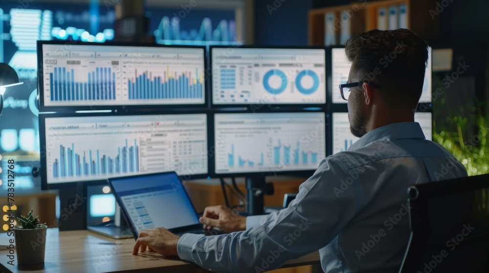 Aufkleber data analyst working on business analytics dashboard with charts, metrics and kpi to analyze perform