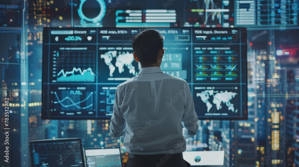 Leinwandbilder Data analyst working on business analytics dashboard with charts, metrics and KPI to analyze performance and create insight reports for operations management on virtual screen.