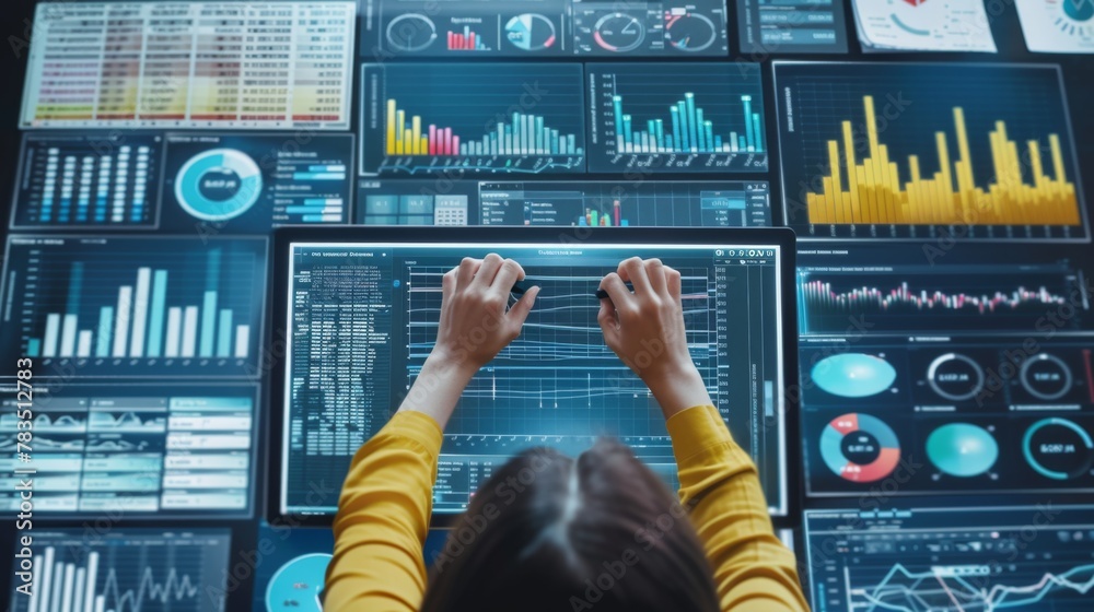 Fototapete Data analyst working on business analytics dashboard with charts, metrics and KPI to analyze performance and create insight reports for operations management.
