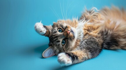 Fototapeta na wymiar Cute cat lying on back with paws up on colored background. Relaxed and happy indoor cat with paws in the air. Fluffy long hair female kitty. Torbie or calico cat. Selective focus. Blue background.