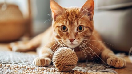 Cute ginger cat playing sisal toy at home - obrazy, fototapety, plakaty