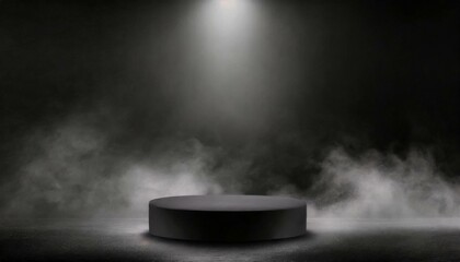 Podium black dark smoke background product platform abstract stage texture fog spotlight. Dark black floor podium dramatic empty night room table concrete wall scene place display studio smoky dust, 