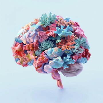 A colorful detailed human brain made of coral reef, vector art illustration, light blue background, pastel colors, soft lighting, high resolution, high contrast, intricate details, highly detailed, hy