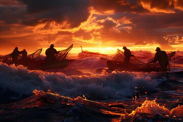 Vivid NFT Artistry: Bold Silhouettes and Fiery Sunsets– A Homage to the Timeless Sea and its Fishermen - obrazy, fototapety, plakaty