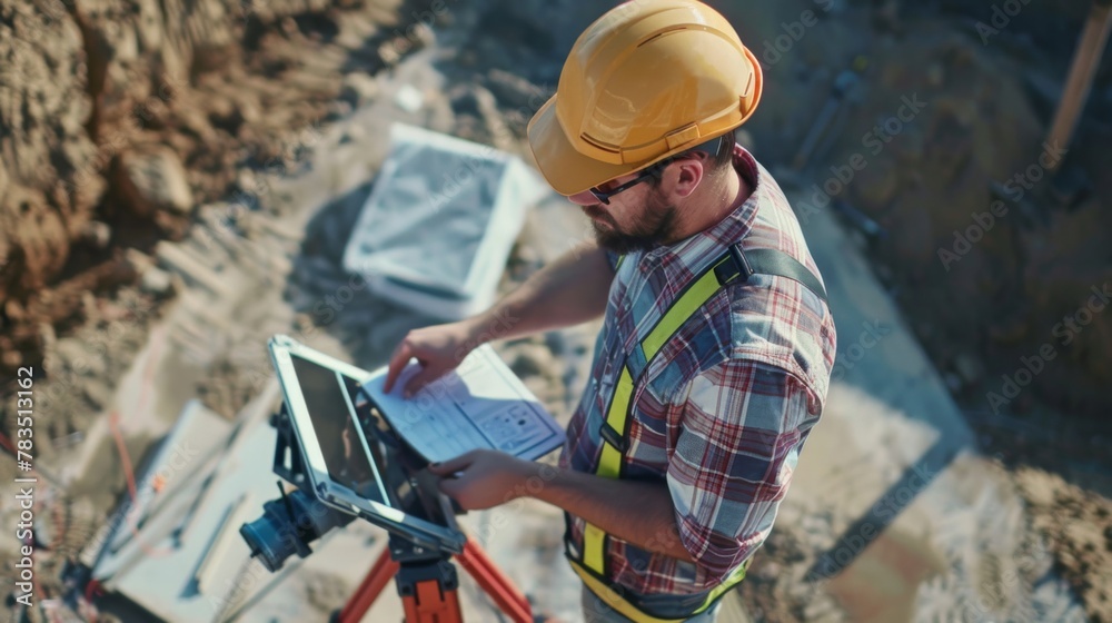 Poster engineer with instruction, surveying building-site
