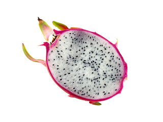 half of dragon fruit with seed in white juicy pulp isolated on transparent