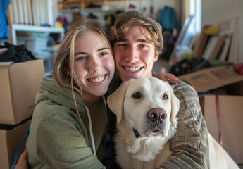 A happy young couple taking a selfie with a white labrador dog in their new apartment surrounded by...