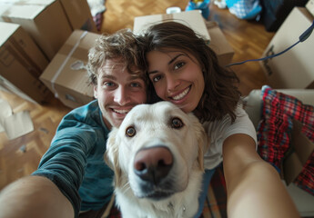 A happy young couple taking a selfie with a white labrador dog in their new apartment surrounded by moving boxes