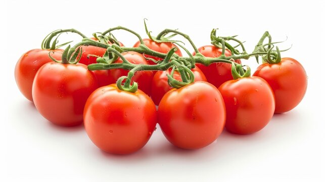 Bunch of fresh, red tomatoes with green stems isolated on white background.