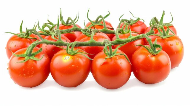 Bunch of fresh, red tomatoes with green stems isolated on white background.