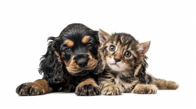 English cocker spaniel puppy dog hugs kitten. Pets look up together. isolated on white background.