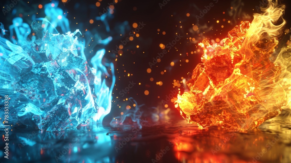 Poster fire and ice concept design with spark. 3d illustration.