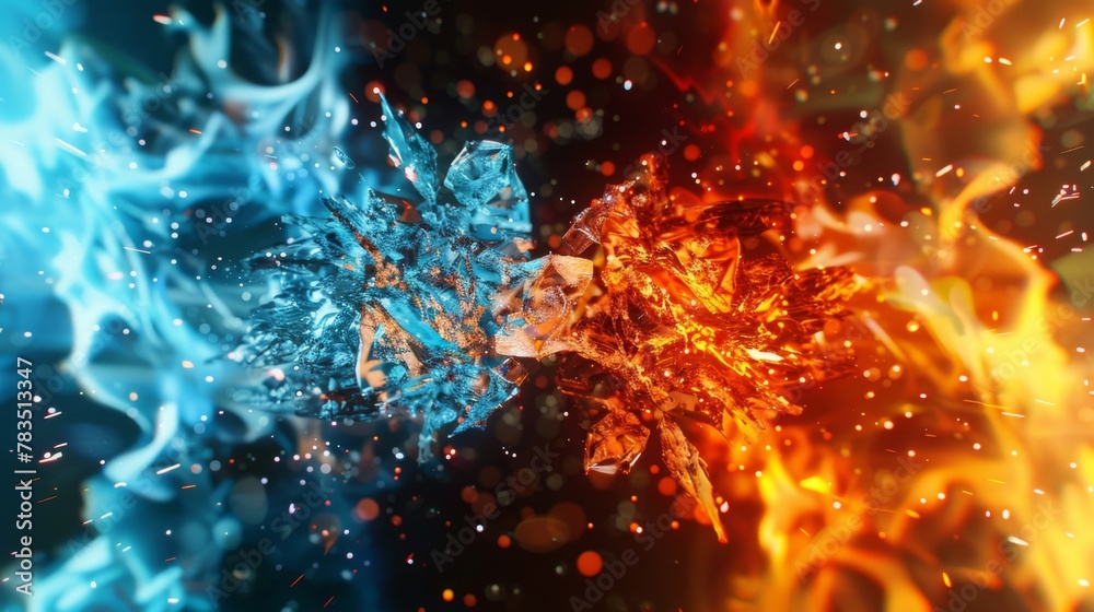 Poster fire and ice concept design with spark. 3d illustration.