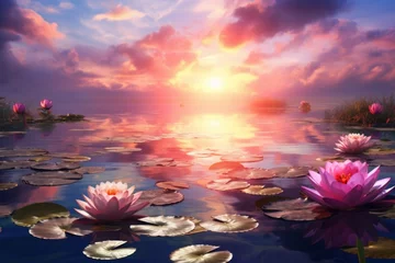 Foto op Canvas Water lilies in the lake on the background of the sunset © Aida