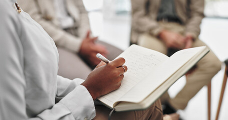 Therapist, hands and notes in therapy or closeup for group consultation, writing and helping for...