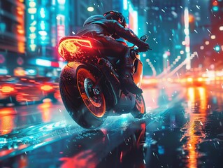 motorcycle, rider, city lights, night, motion blur, speed, urban, street, neon, wet road, reflection, biker, sports bike, helmet, fast, nightlife, cityscape, vibrant