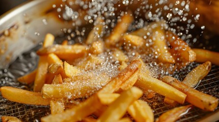Cooking french fries. Close up of Frying french fries in the fryer in hot oil - obrazy, fototapety, plakaty