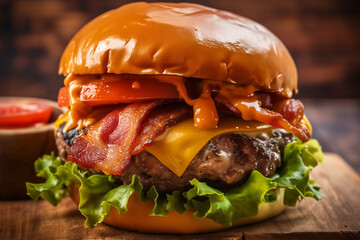 Juicy Burger Delight: American-Style with Gooey Cheddar Cheese - obrazy, fototapety, plakaty