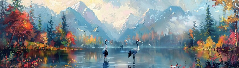 two cranes stand in the water facing each other mountains in the foreground lake is surround by trees and flowers 